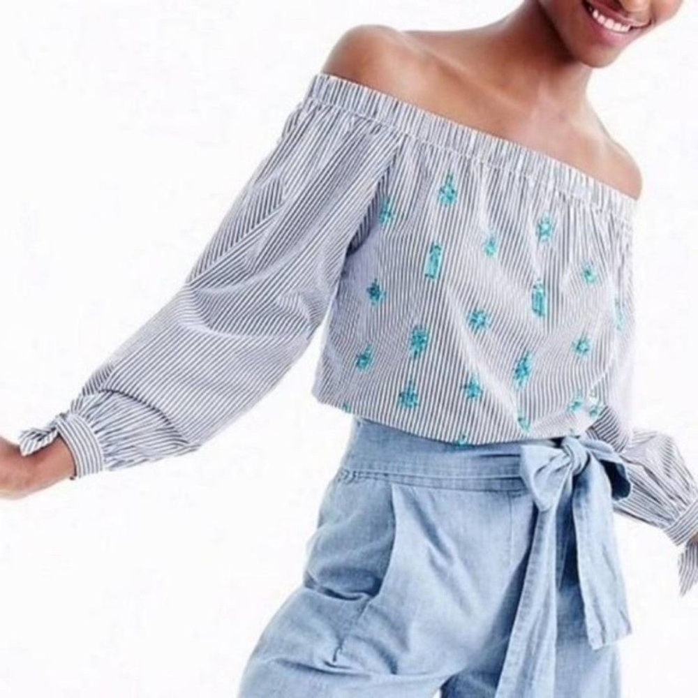 J crew embellished off the shoulder strip top